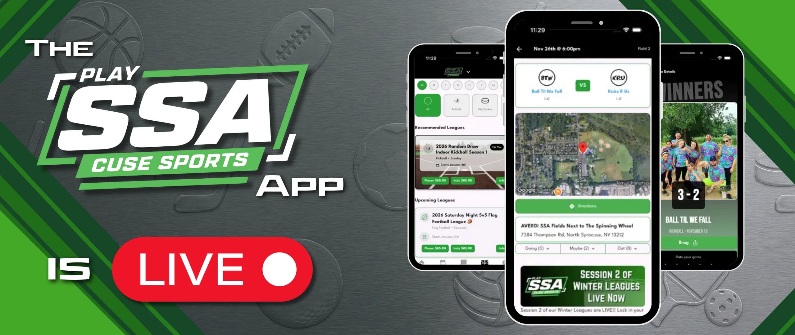 PlaySSA mobile app showing schedules, scores, and team features