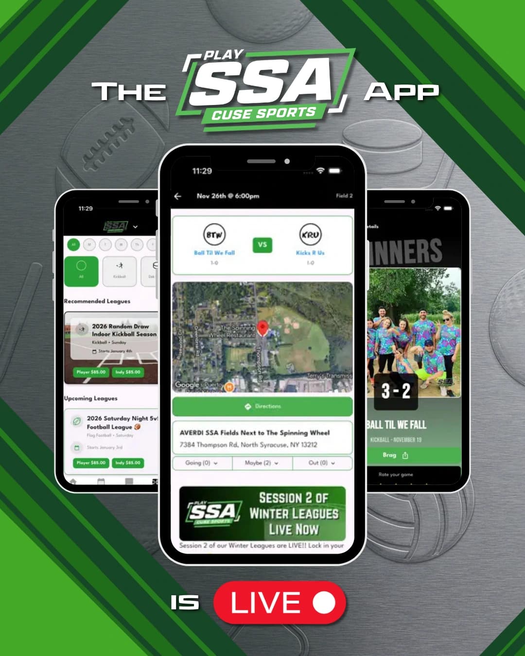 PlaySSA mobile app showing schedules, scores, and team features